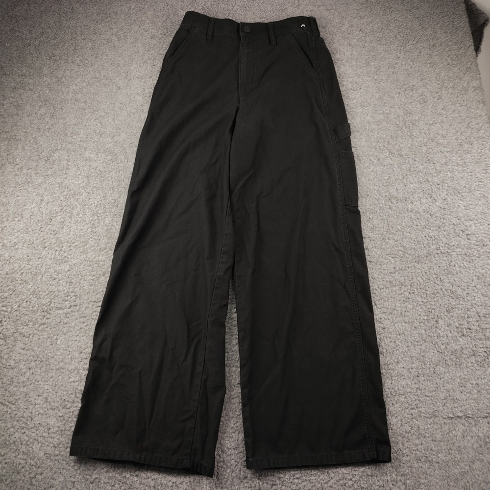Uniqlo Cotton Pants Sz Small Wide Leg Carpenter Black Stretch High Waisted EUC